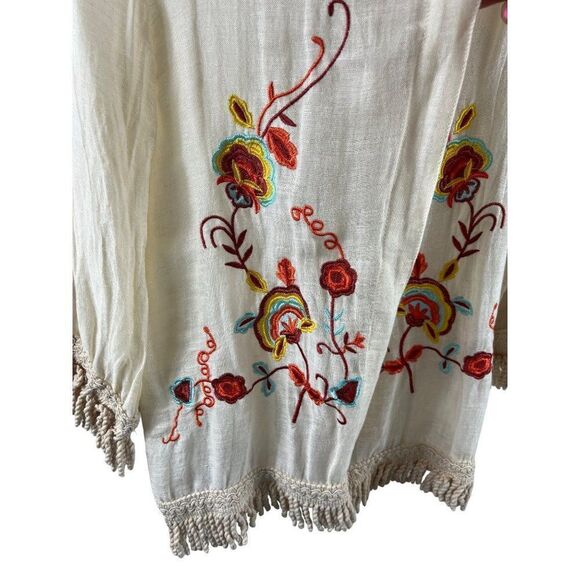Vintage Havana Linen Embroidered Fringe Kimono Cream Small Boho Cottagecore - Picture 2 of 8